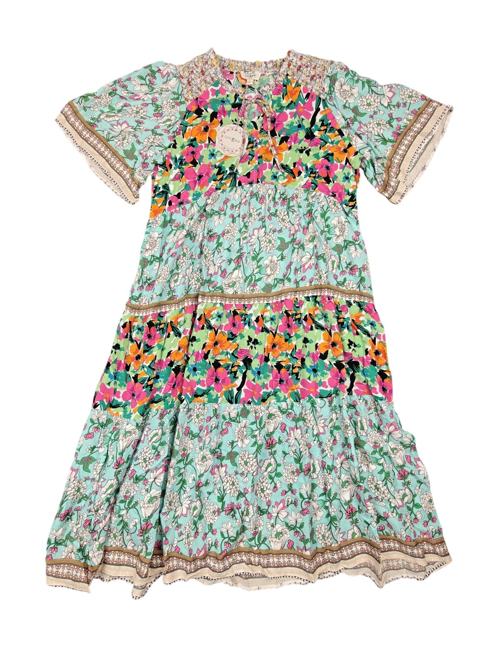 Umgee Dress Womens Medium Multicolor Maxi Kimono Sleeve Smocked Floral Ruffle